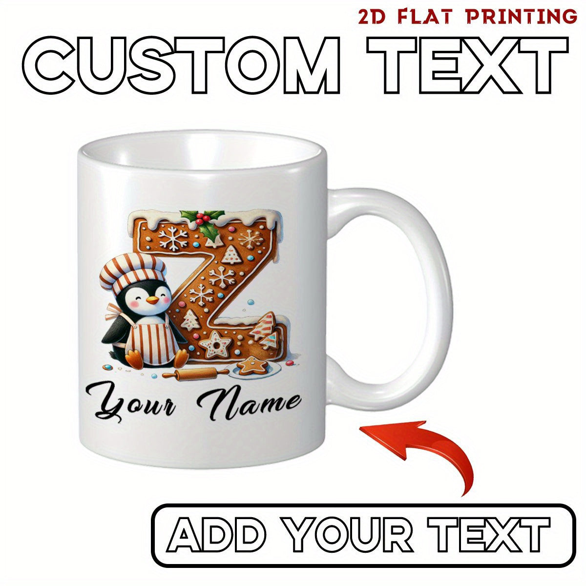 Tailorly White Ceramic 11 oz Mug - Custom Text Your Name Cute Festive Baker Wearing Striped Apron Beside Large Gingerbread Letter Z Penguin