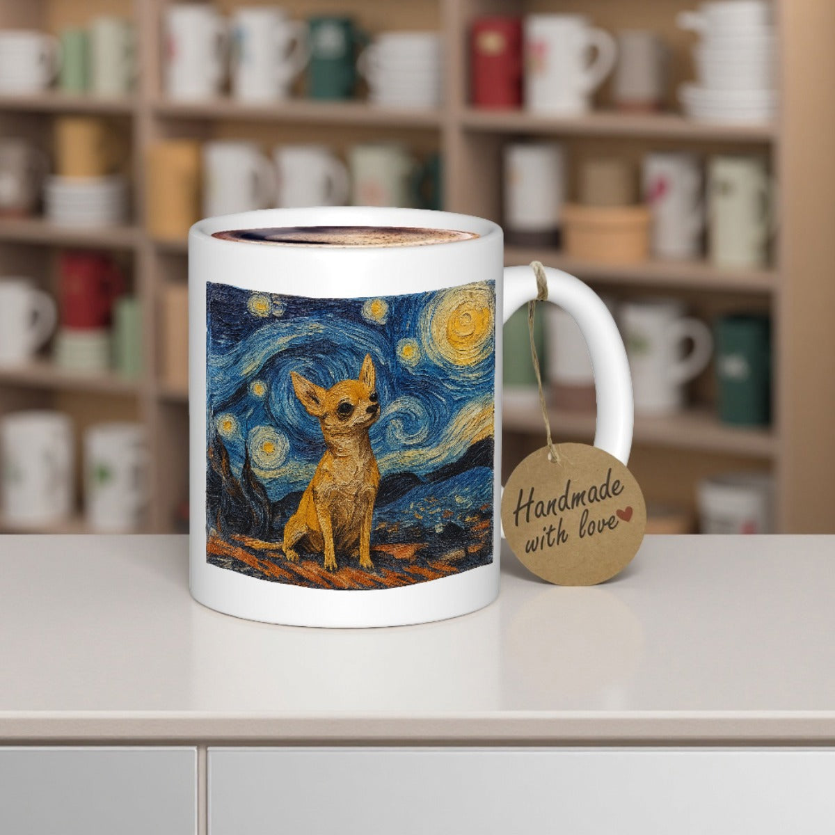 Tailorly White Ceramic 11 oz Mug - Vibrant Swirling Starry Night Sky In Post Impressionist Style Sitting Chihuahua