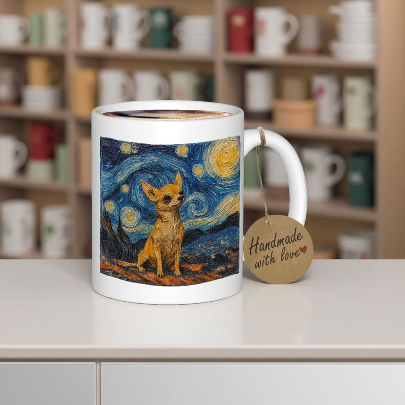 Tailorly White Ceramic 11 oz Mug - Vibrant Swirling Starry Night Sky In Post Impressionist Style Sitting Chihuahua