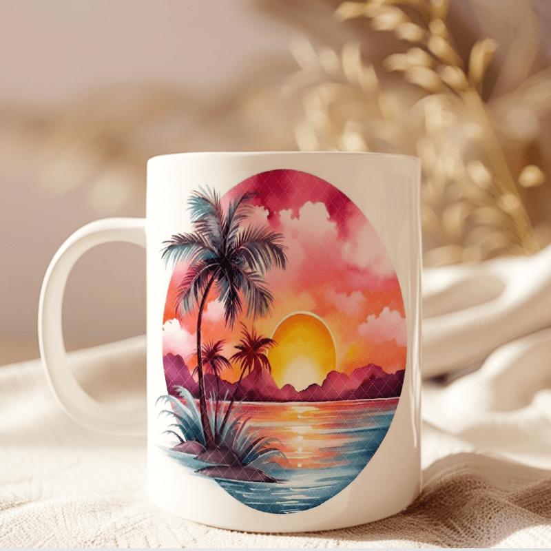 Tailorly White Ceramic 11 oz Mug - Tropical Sunset With Watercolor Clouds Reflecting Over Calm Ocean Waves Palm Tree