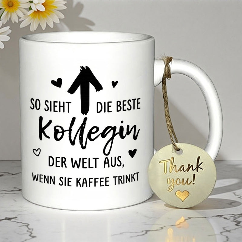 Tailorly White Ceramic 11 oz Mug - Thank You Decorative Black Arrow With Minimalist Floating Hearts Surrounding A Ceramic Mug