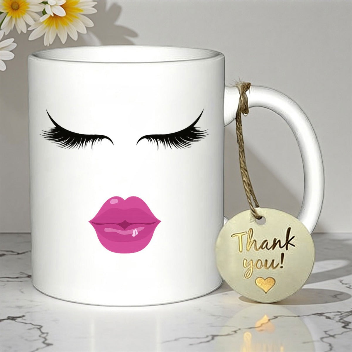 Tailorly White Ceramic 11 oz Mug - Thank You Long Black Eyelashes Above Glossy Pink Lips On
