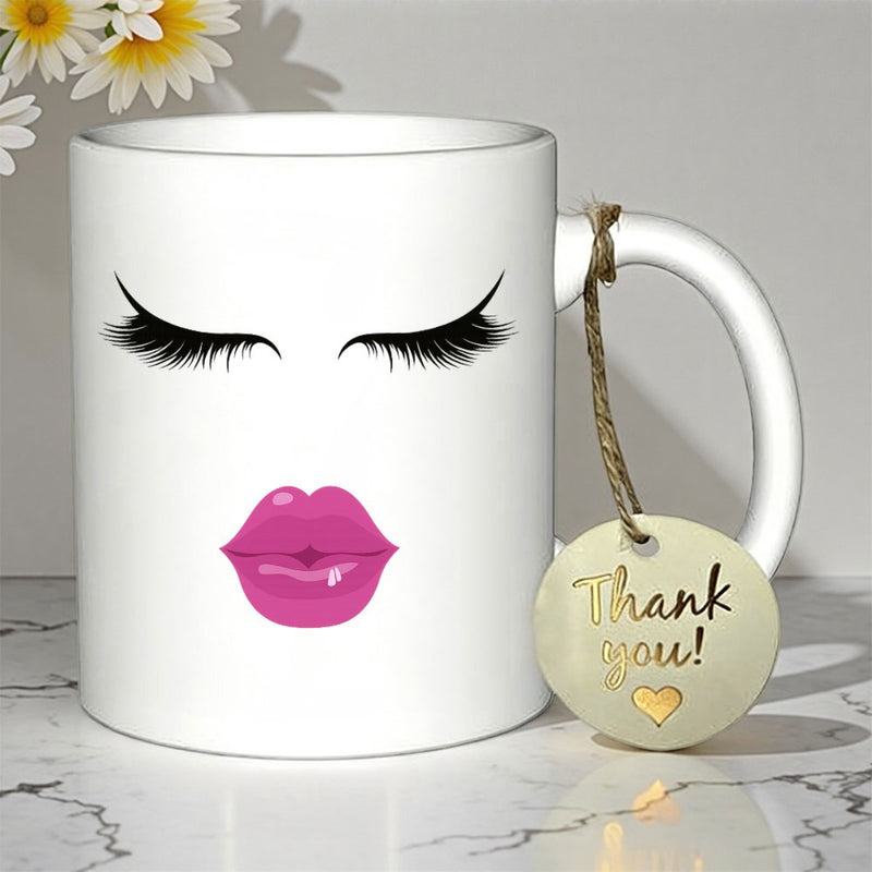 Tailorly White Ceramic 11 oz Mug - Thank You Long Black Eyelashes Above Glossy Pink Lips On