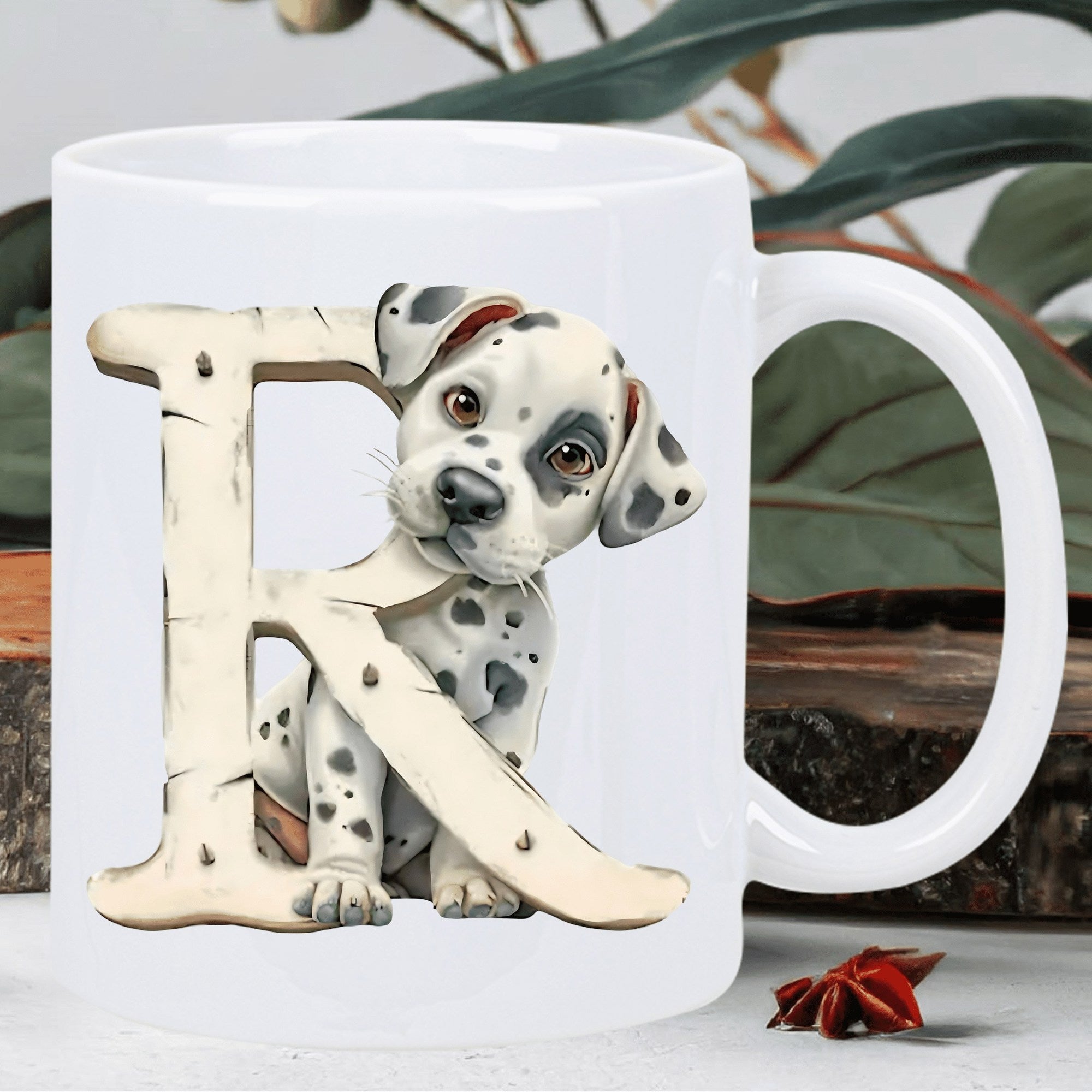Tailorly White Ceramic 11 oz Mug - R Spotted Dalmatian Dog Sitting Behind A Large Textured Wooden Alphabet Puppy