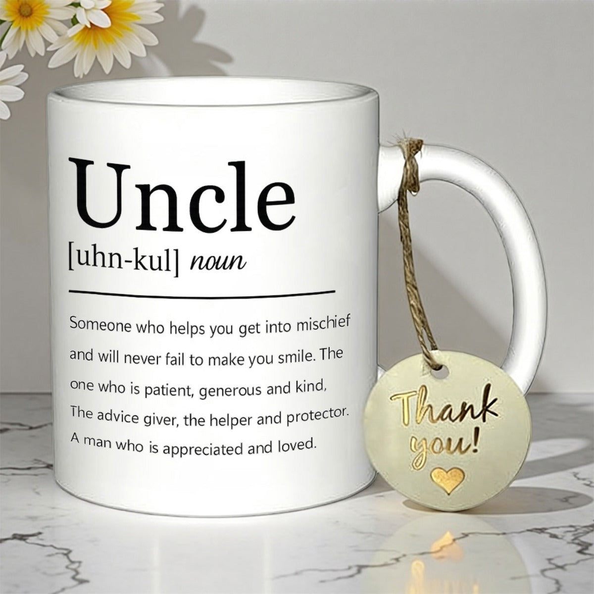 Tailorly White Ceramic 11 oz Mug - Uncle Thank You Minimalist Typography Layout On Smooth White Glazed Porcelain Coffee Mug