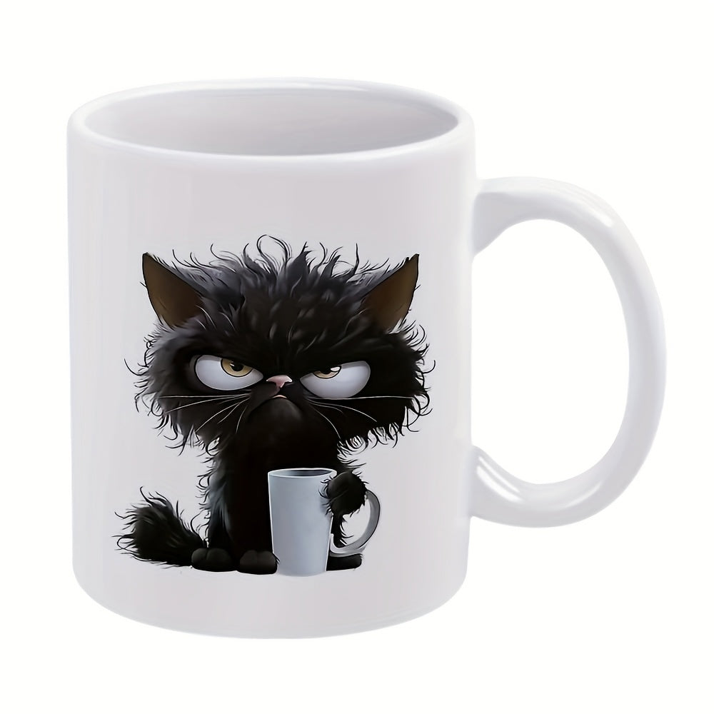 Tailorly White Ceramic 11 oz Mug - Messy Haired Grumpy Black Feline Holding A Tiny Cat