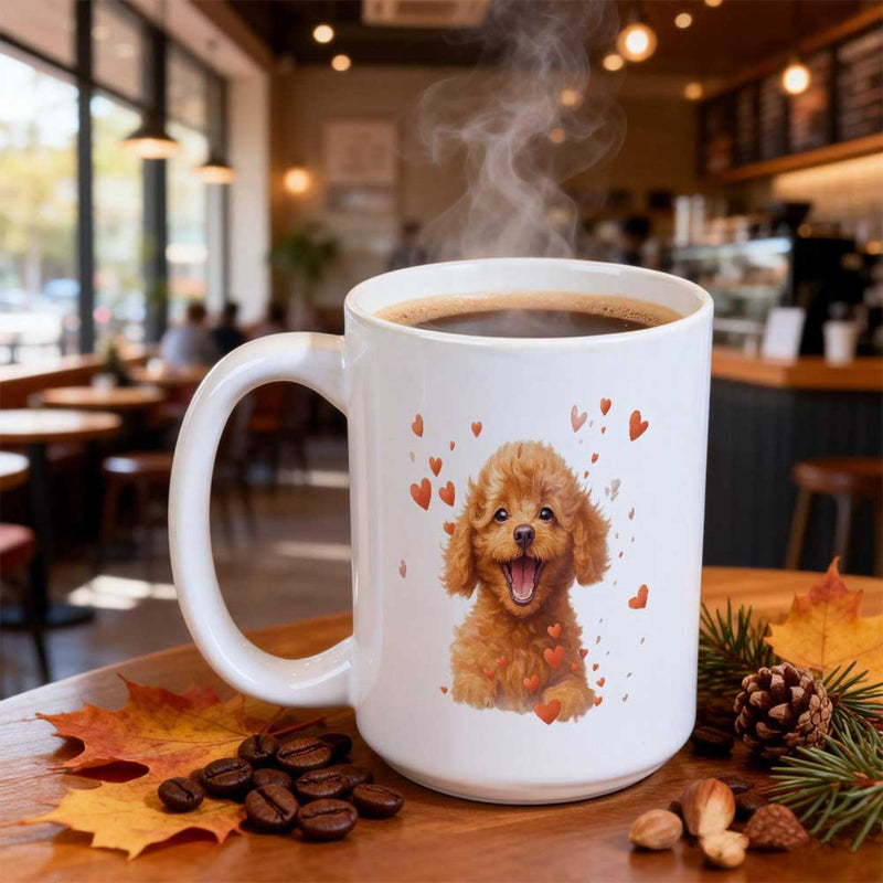 Tailorly White Ceramic 11 oz Mug - Fluffy Brown Puppy Surrounded By Many Tiny Floating Red Hearts Dog