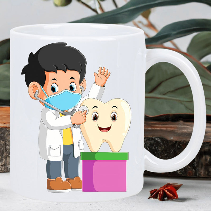 Tailorly White Ceramic 11 oz Mug - Cheerful Young Cartoon Doctor Wearing Mask Examining Smiling Large Healthy White Dentist
