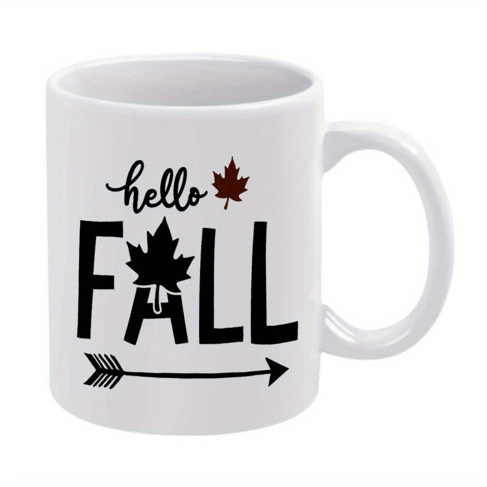 Tailorly White Ceramic 11 oz Mug - Hello Fall Rustling Autumn Leaves With Decorative Arrow And Cursive Seasonal Greeting Maple Leaf
