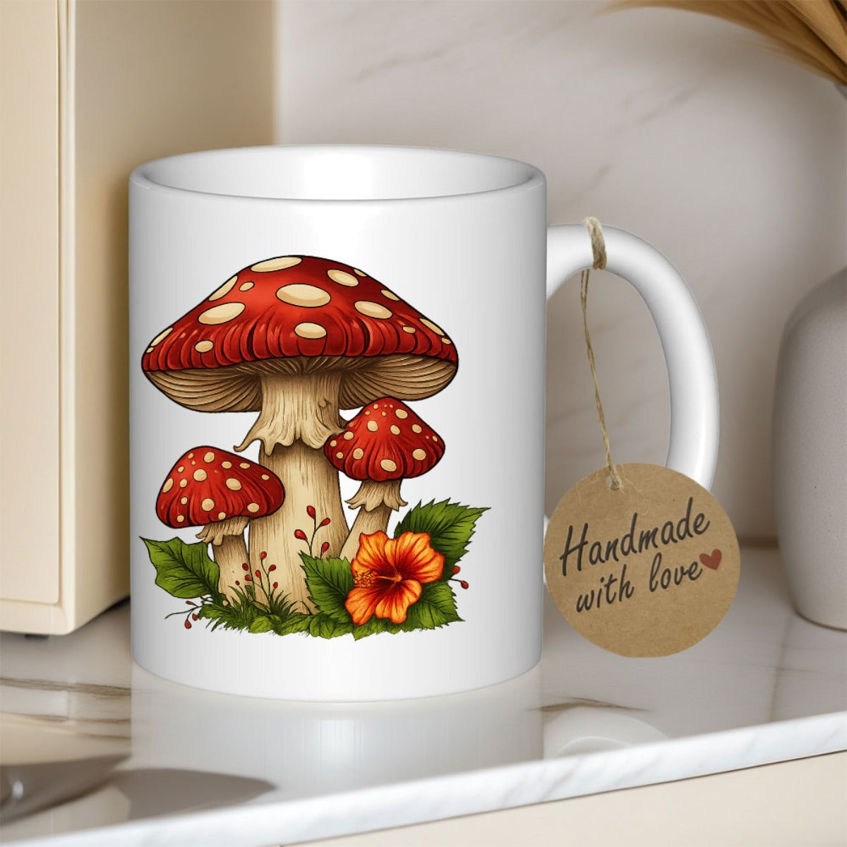 Tailorly White Ceramic 11 oz Mug - Handmade With Love Vibrant Red Spotted Fungi Among Green Leaves And Small Orange Blossom Mushroom