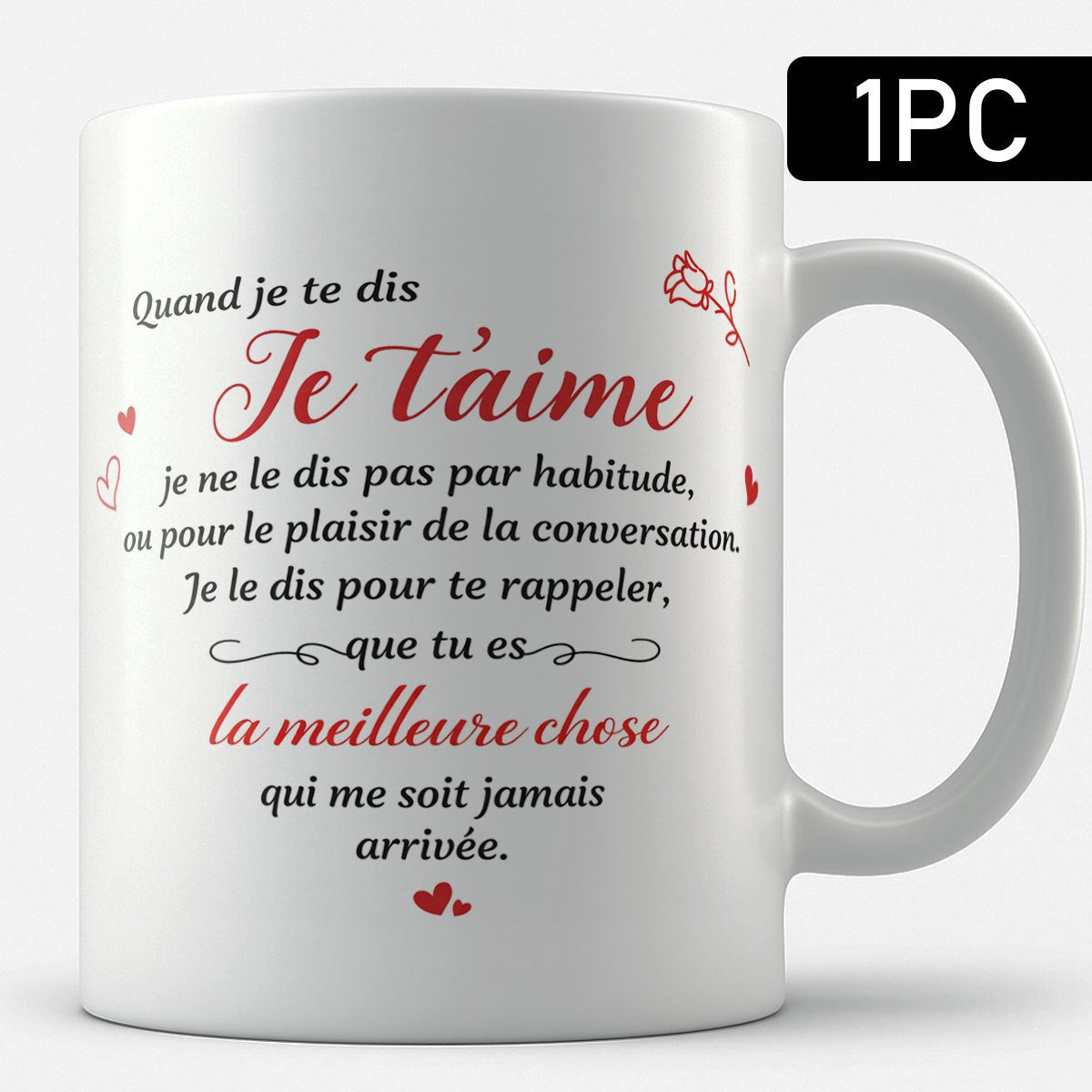 Tailorly White Ceramic 11 oz Mug - Elegant Minimalist Romantic Script With Floating Red Hearts And Delicate Outline Rose