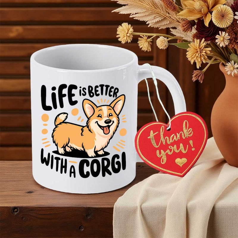 Tailorly White Ceramic 11 oz Mug - Life Is Better With A Corgi Happy Smiling Cartoon Dog Standing Among Orange Decorative Elements Corgi