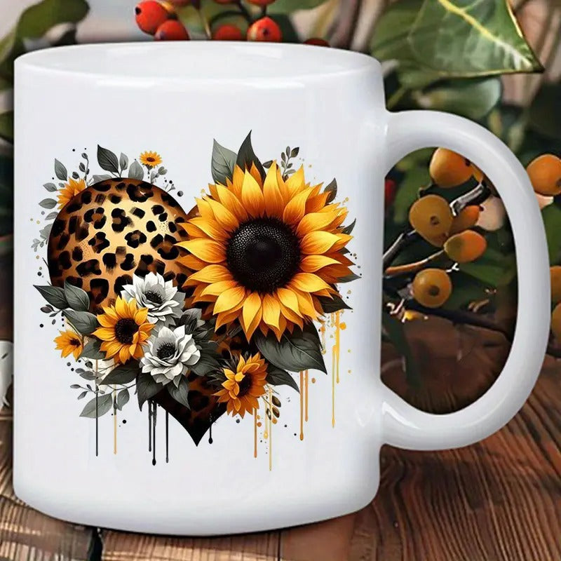 Tailorly White Ceramic 11 oz Mug - Leopard Print Heart Arranged With Blooming Petals And Dark Green Leaves Sunflower