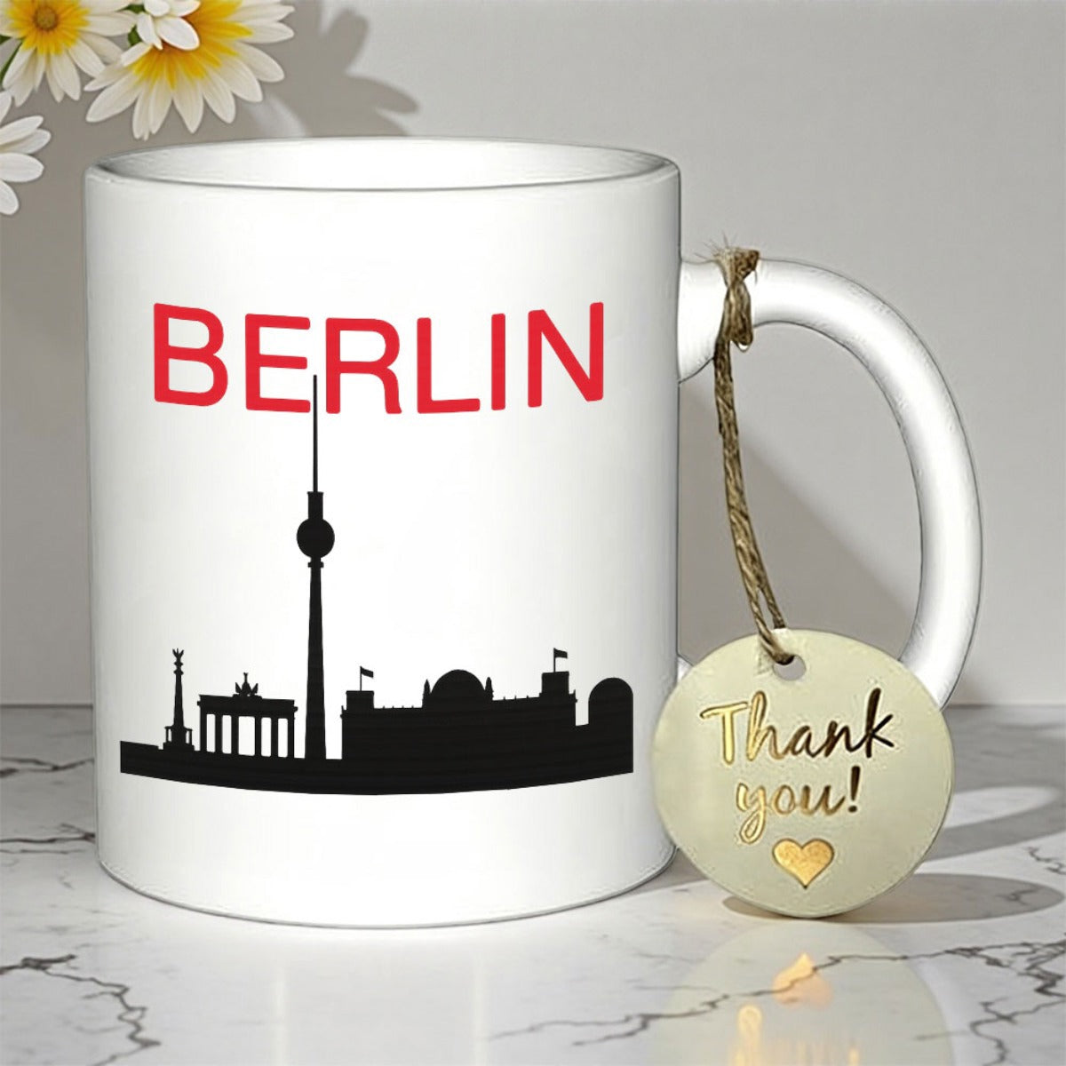 Tailorly White Ceramic 11 oz Mug - Berlin Minimalist Black Silhouette Featuring Famous Landmarks Over A White Background Skyline