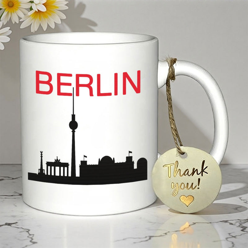 Tailorly White Ceramic 11 oz Mug - Berlin Minimalist Black Silhouette Featuring Famous Landmarks Over A White Background Skyline