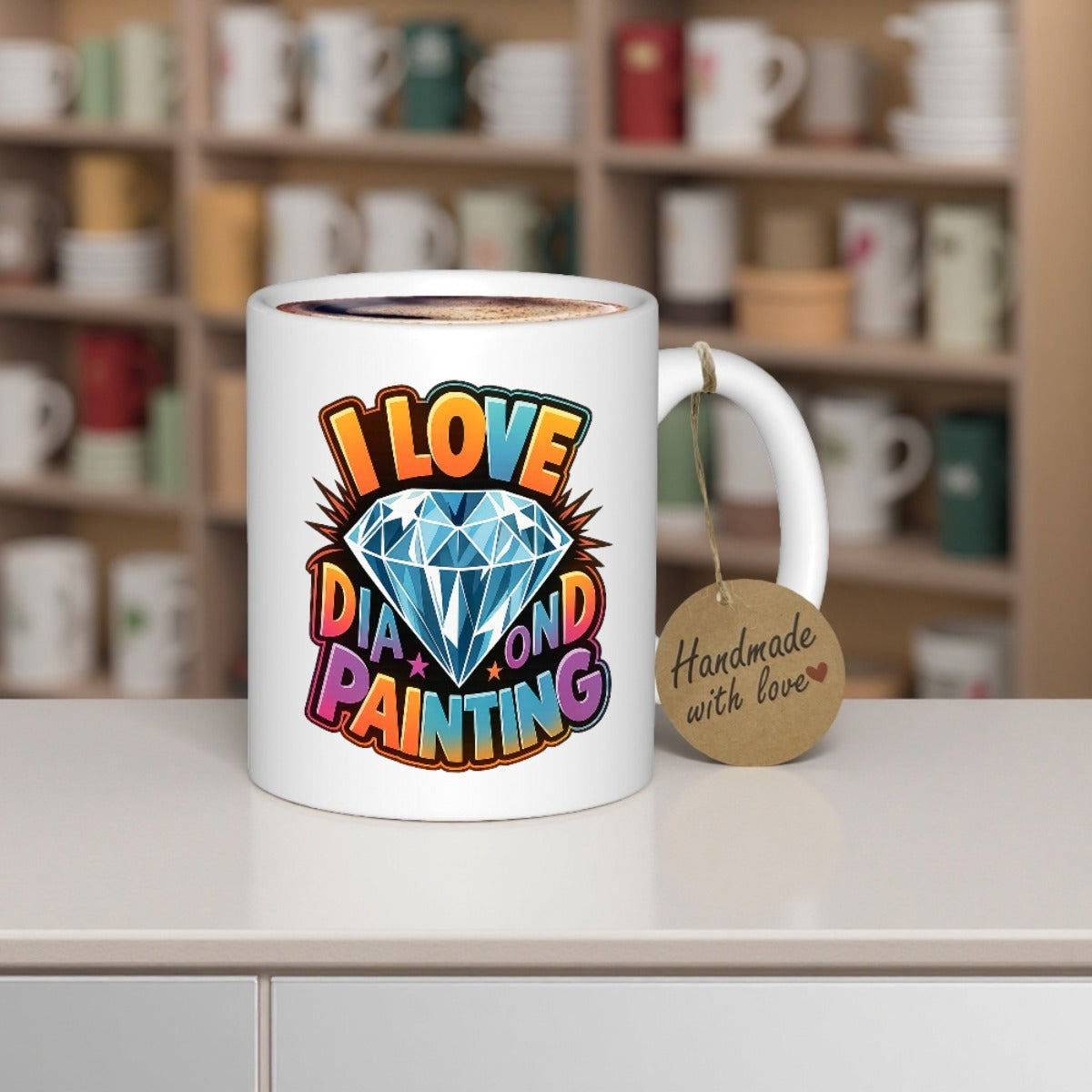 Tailorly White Ceramic 11 oz Mug - I Love Diamond Painting Vibrant Colorful Bubble Letters Surrounding A Sparkling Blue Faceted Gemstone Diamond