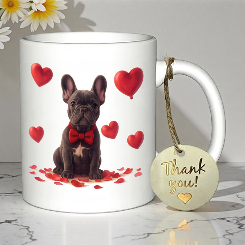 Tailorly White Ceramic 11 oz Mug - Thank You Charming Puppy With Red Bow Tie Surrounded By Floating Heart Shaped Balloons French Bulldog