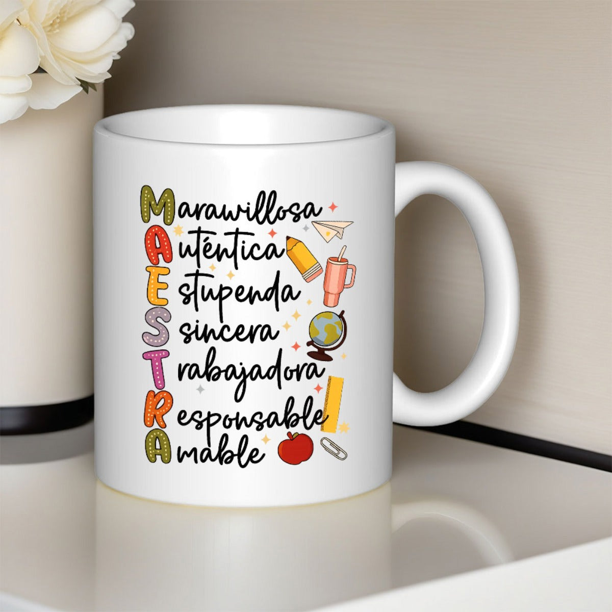 Tailorly White Ceramic 11 oz Mug - Colorful School Supplies Including Pencil Globe And Apple On Ceramic Mug