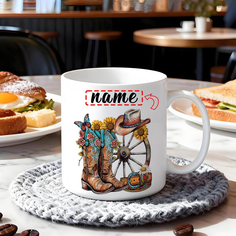 Tailorly White Ceramic 11 oz Mug - Name Rustic Western Style With Sunflowers And Vintage Wooden Wagon Wheel Cowboy Boots