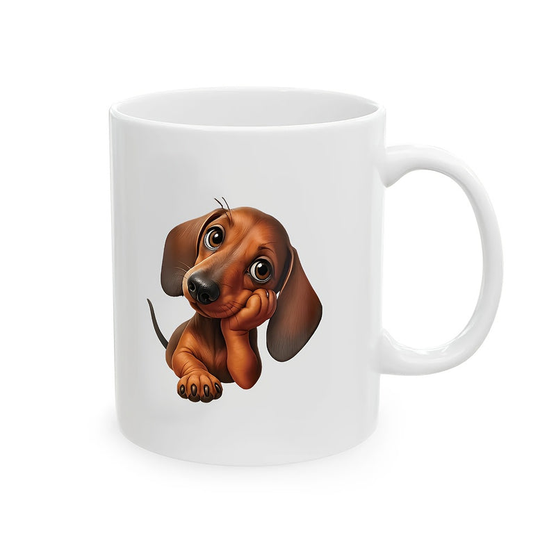 Tailorly White Ceramic 11 oz Mug - Adorable Brown Puppy Resting On Its Paw With Big Expressive Eyes Dachshund