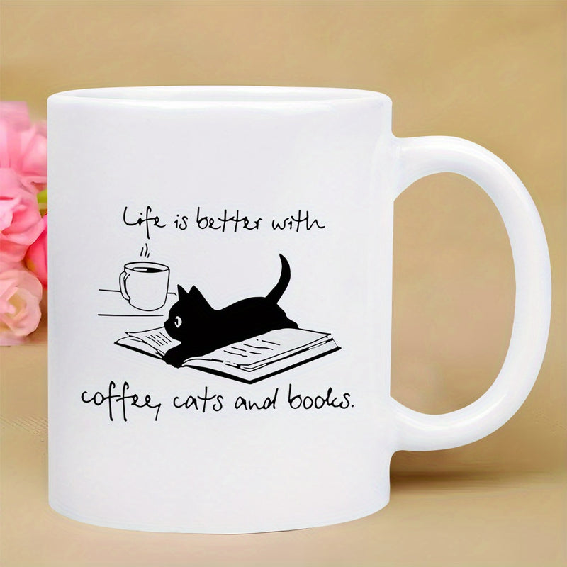 Tailorly White Ceramic 11 oz Mug - Life Is Better With Coffee Cats And Books Minimalist Black Silhouette Resting On Open Pages Near Steaming Coffee Cat