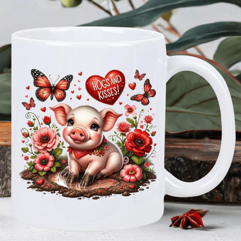 Tailorly White Ceramic 11 oz Mug - Hogs And Kisses Adorable Little Piglet Sitting Among Blooming Red Flowers And Flying Butterflies Pig