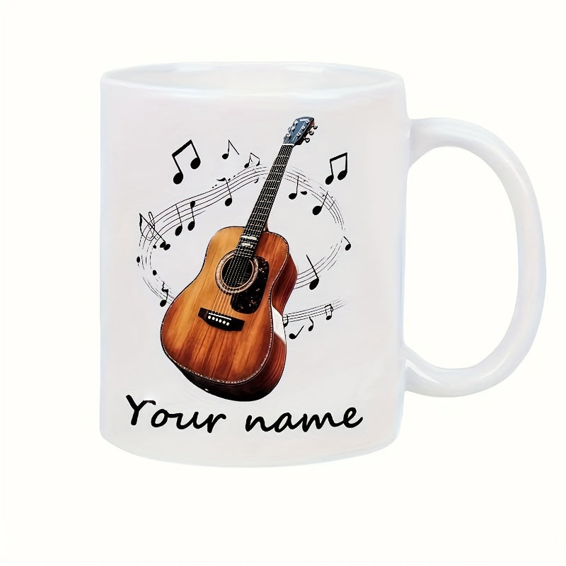Tailorly White Ceramic 11 oz Mug - Your Name Classic Brown Wood Grain Musical Instrument Surrounded By Flowing Notes Guitar