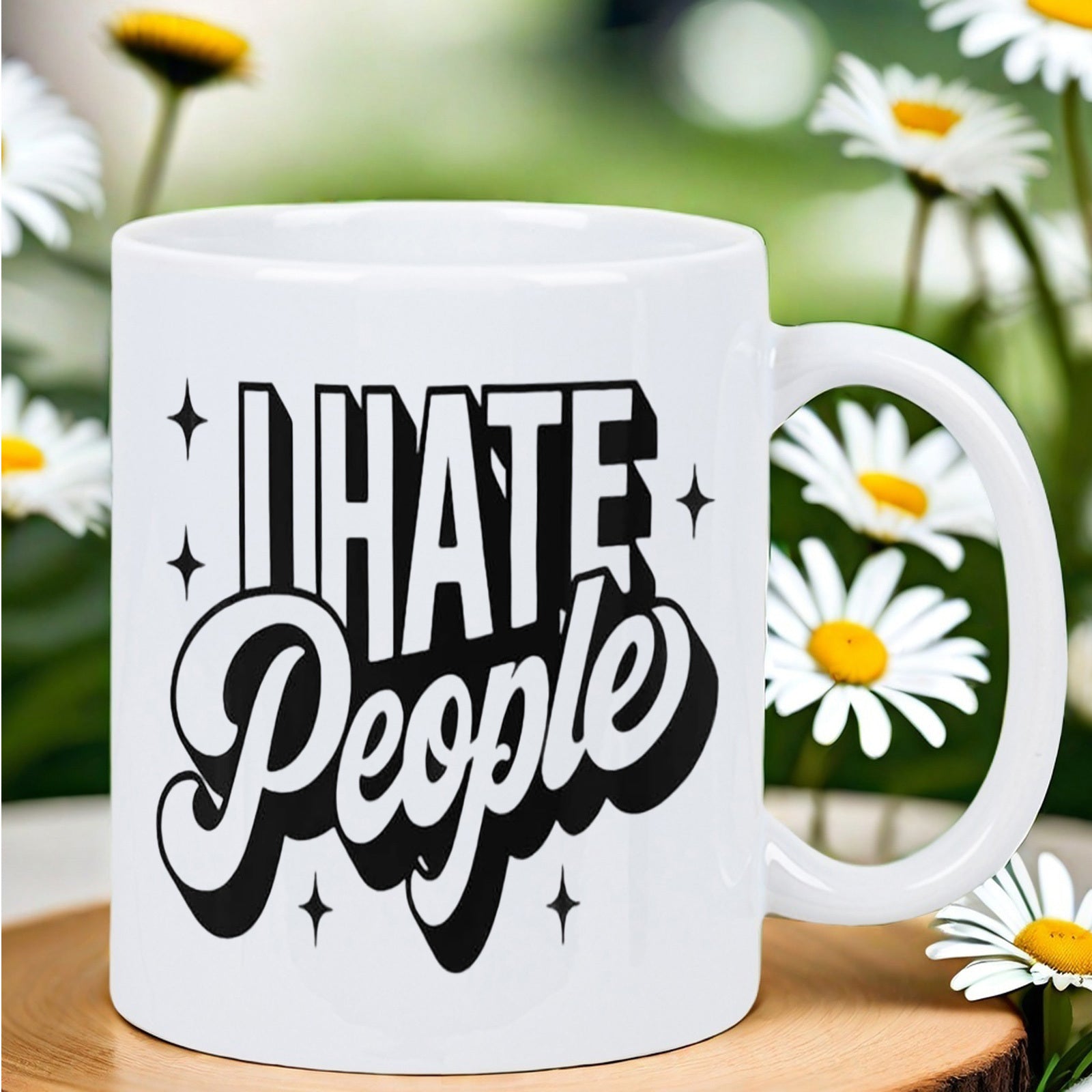 Tailorly White Ceramic 11 oz Mug - I Hate People Stylized Bold Retro Typography With Four Pointed Stars Mug