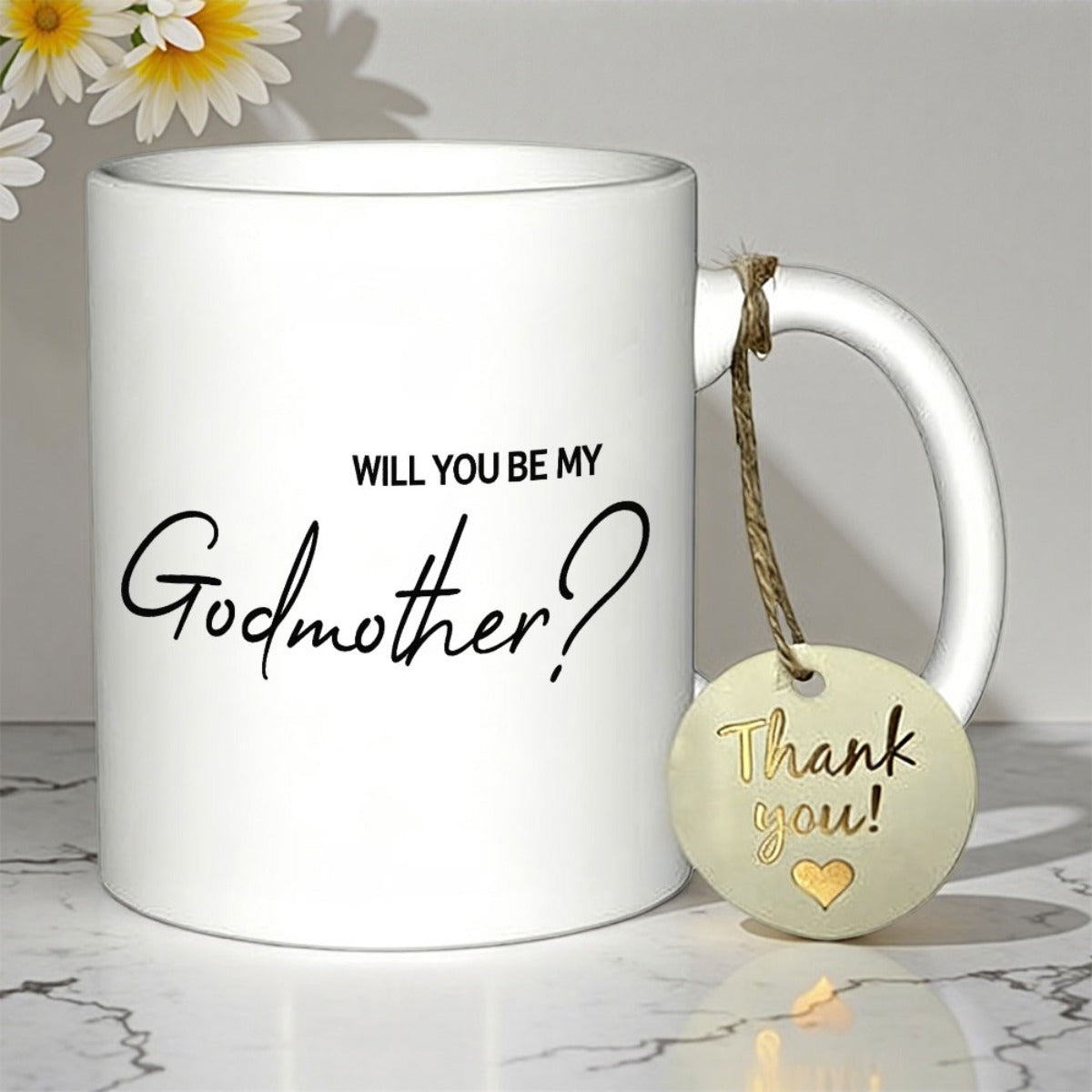 Tailorly White Ceramic 11 oz Mug - Will You Be My Godmother Thank You Elegant Handwritten Script Style On A Clean Minimalist