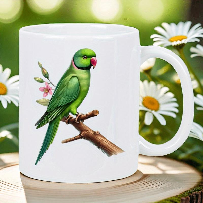 Tailorly White Ceramic 11 oz Mug - Vibrant Green Feathers Perched Upon A Rustic Wooden Branch With Blossoms Parrot