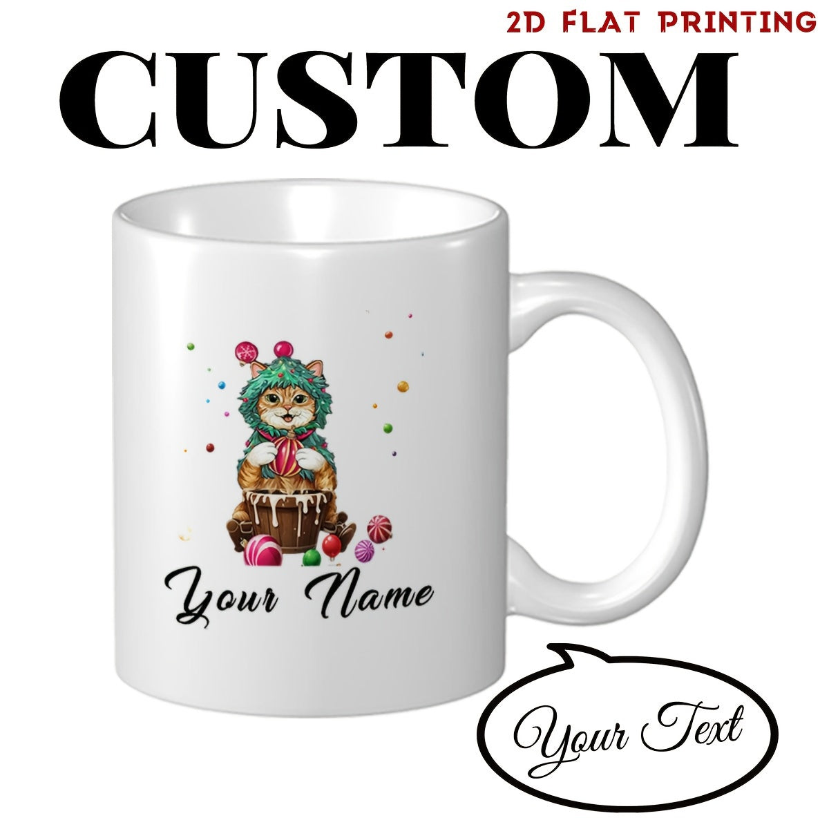 Tailorly White Ceramic 11 oz Mug - Your Name Adorable Small Kitten Wearing Green Knitted Hat Sitting Inside Tiny Woven Basket Kitten
