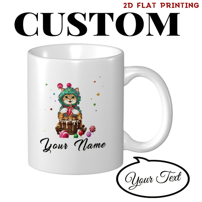 Tailorly White Ceramic 11 oz Mug - Your Name Adorable Small Kitten Wearing Green Knitted Hat Sitting Inside Tiny Woven Basket Kitten