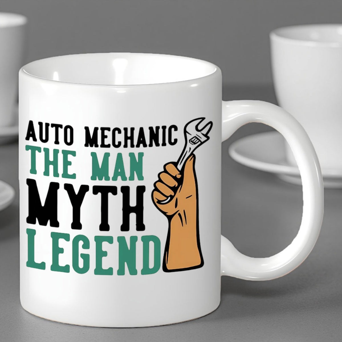 Tailorly White Ceramic 11 oz Mug - Auto Mechanic The Man Myth Legend Strong Hand Holding Steel Wrench For Professional Repair Work Wrench
