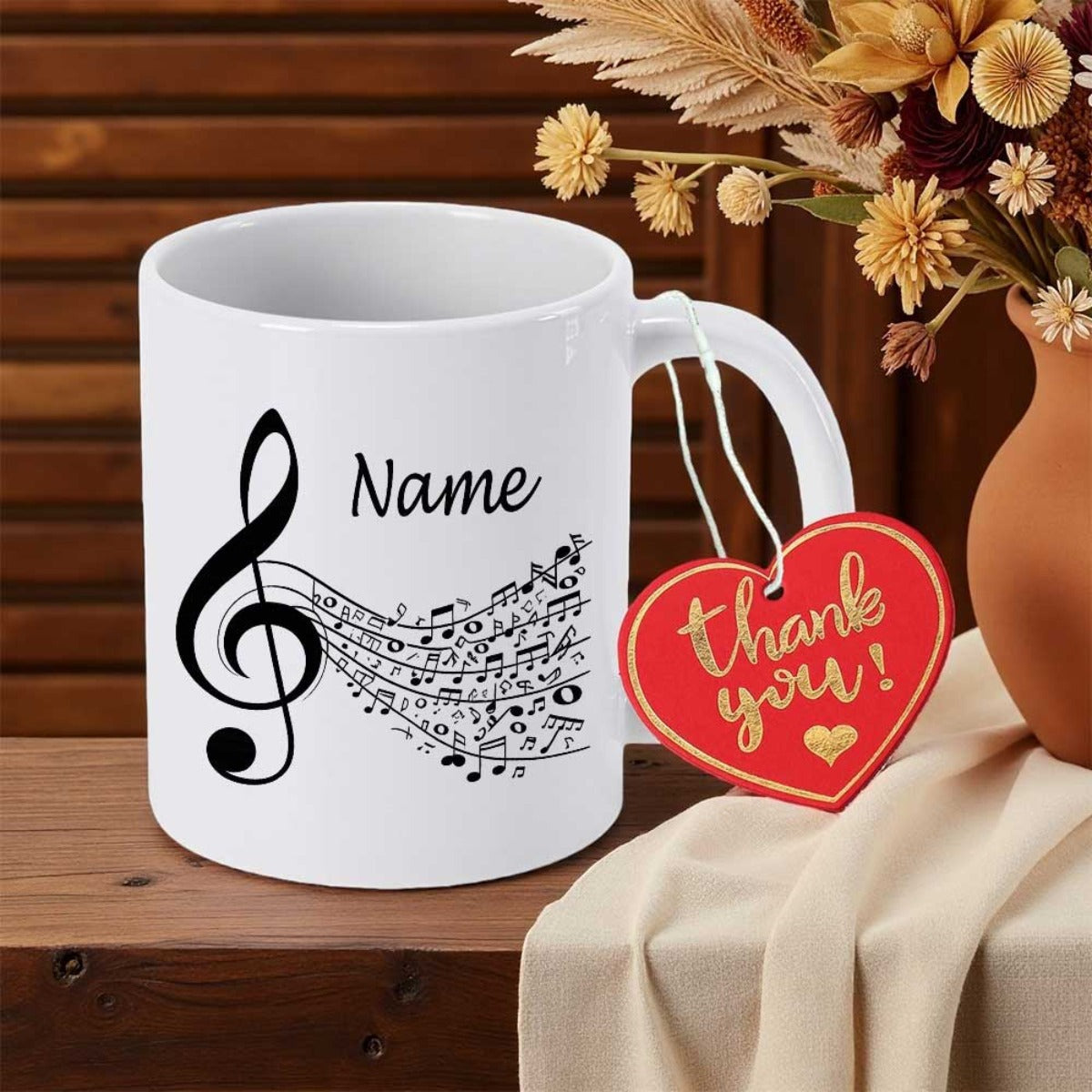 Tailorly White Ceramic 11 oz Mug - Name Thank You Elegant Black Musical Notes Flowing From A Large Treble Clef Mug