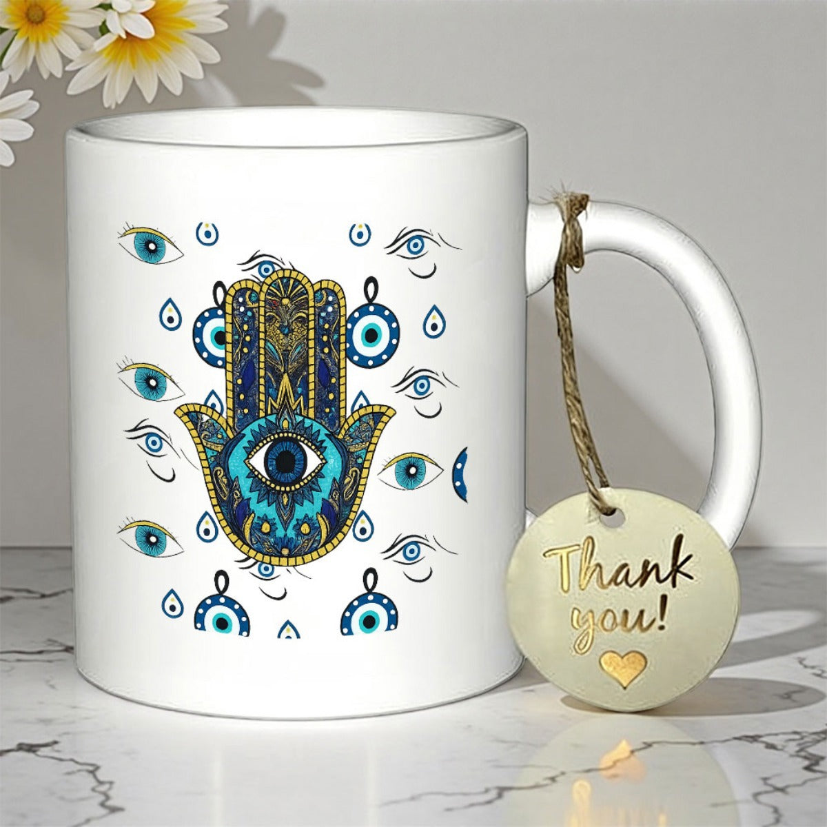 Tailorly White Ceramic 11 oz Mug - Thank You Intricate Blue Mandala Hand With Protective Evil Eye Symbols And Ornate Details Hamsa