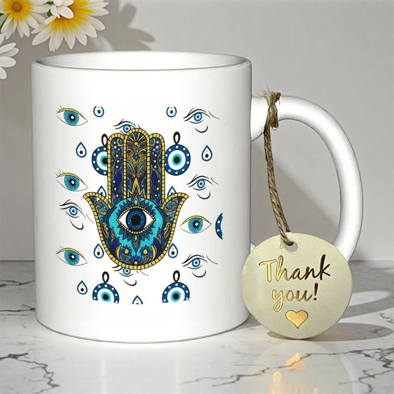 Tailorly White Ceramic 11 oz Mug - Thank You Intricate Blue Mandala Hand With Protective Evil Eye Symbols And Ornate Details Hamsa