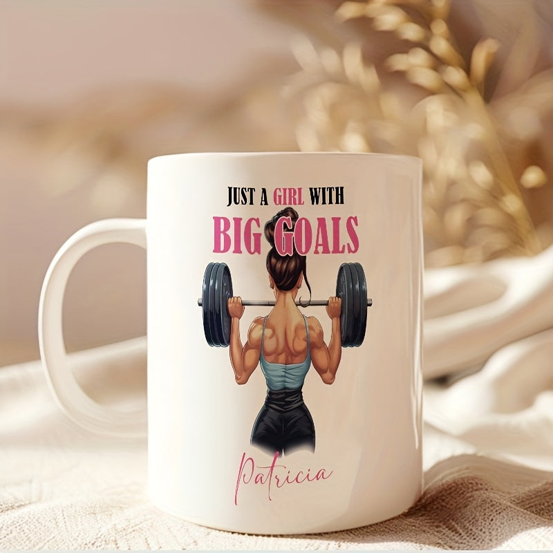 Tailorly White Ceramic 11 oz Mug - Just A Girl With Big Goals Patricia Strong Athletic Figure Lifting Heavy Barbell With Muscular Back Woman