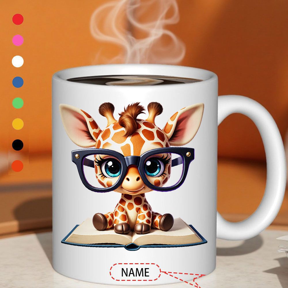 Tailorly White Ceramic 11 oz Mug - Name Adorable Cartoon Baby Sitting And Reading An Open Knowledge Giraffe
