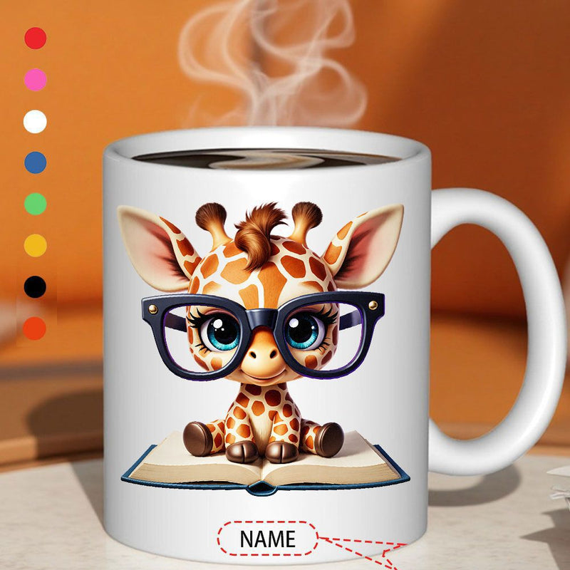 Tailorly White Ceramic 11 oz Mug - Name Adorable Cartoon Baby Sitting And Reading An Open Knowledge Giraffe