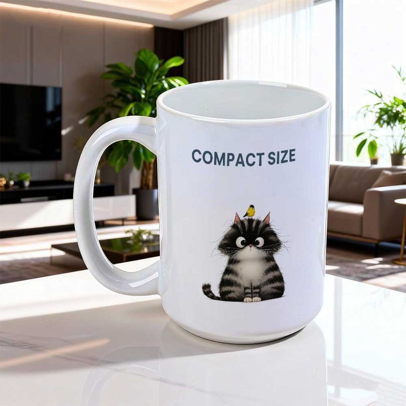 Tailorly White Ceramic 11 oz Mug - Compact Size Fluffy Grey Striped Feline With A Tiny Yellow Bird Sitting On Head Cat