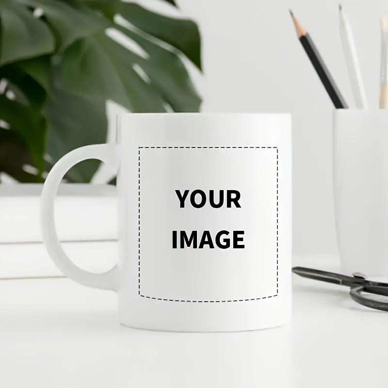 Tailorly White Ceramic 11 oz Mug - Your Image Minimalist White Ceramic Coffee Cup Sitting On Clean Desk Surface Mug