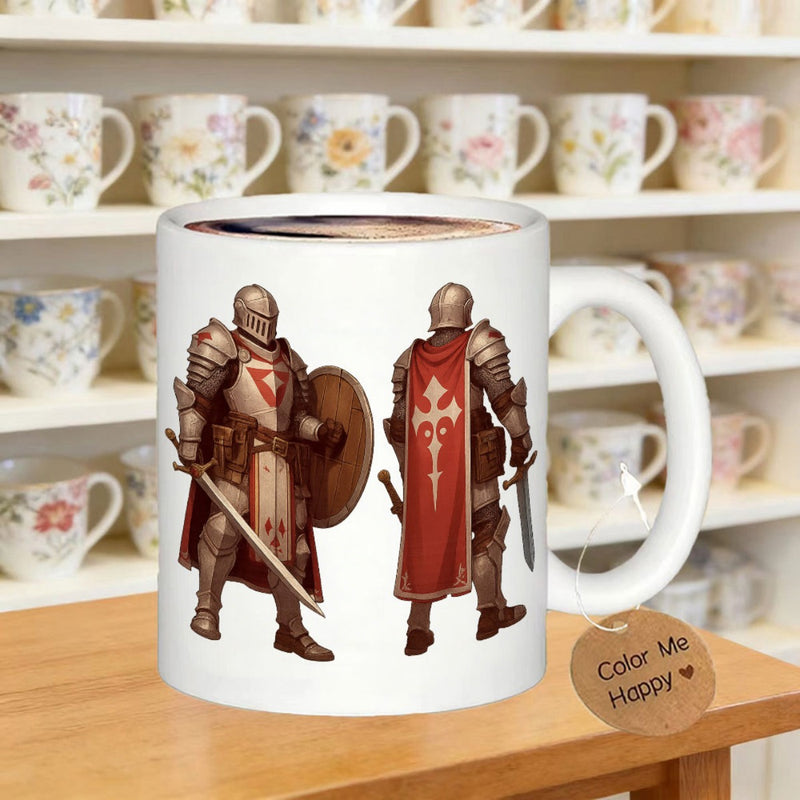 Tailorly White Ceramic 11 oz Mug - Valiant Medieval Warrior Wearing Red Cape And Holding Ancient Sword Knight