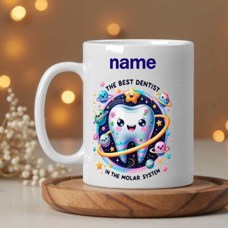 Tailorly White Ceramic 11 oz Mug - The Best Dentist In The Molar System Cute Cartoon Tooth Orbiting Within A Galaxy Theme Tooth