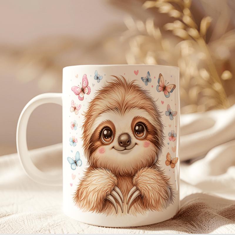 Tailorly White Ceramic 11 oz Mug - Adorable Smiling Sloth Surrounded By Fluttering Butterflies And Small Pink Hearts Sloth