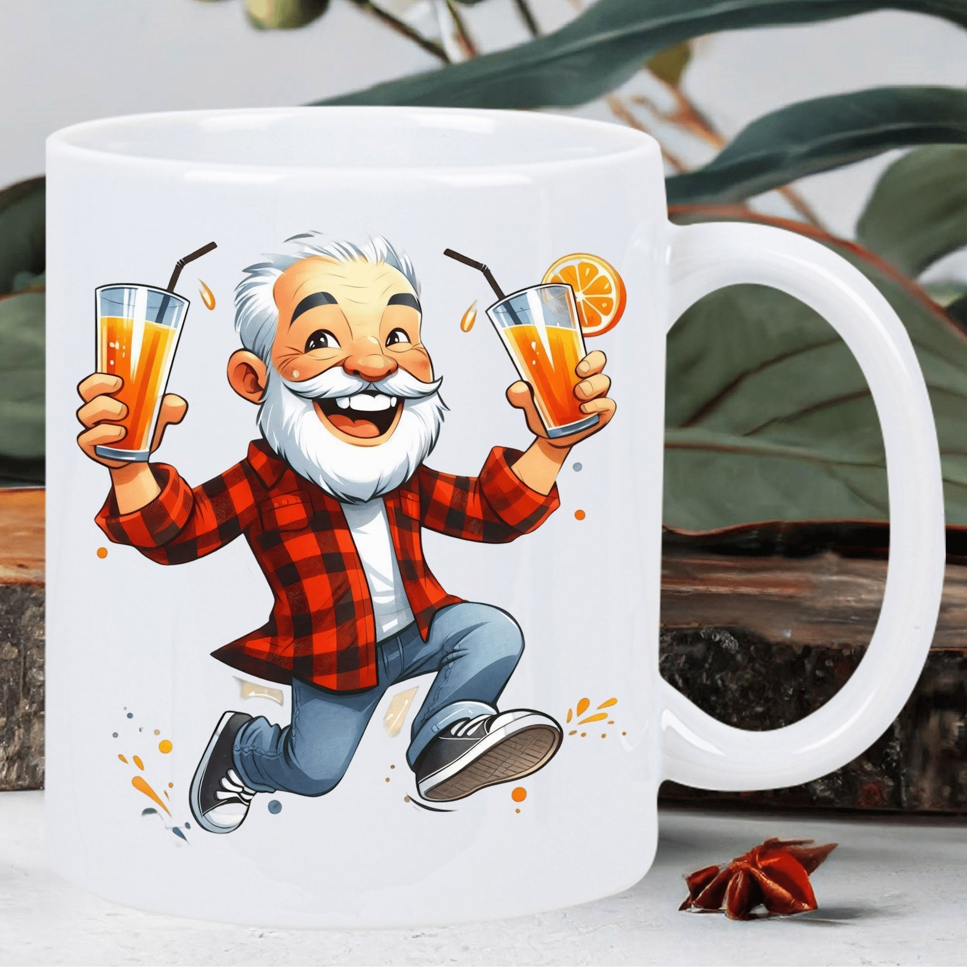 Tailorly White Ceramic 11 oz Mug - Cheerful Happy Elderly Person Holding Two Glasses Of Fresh Orange Juice Man