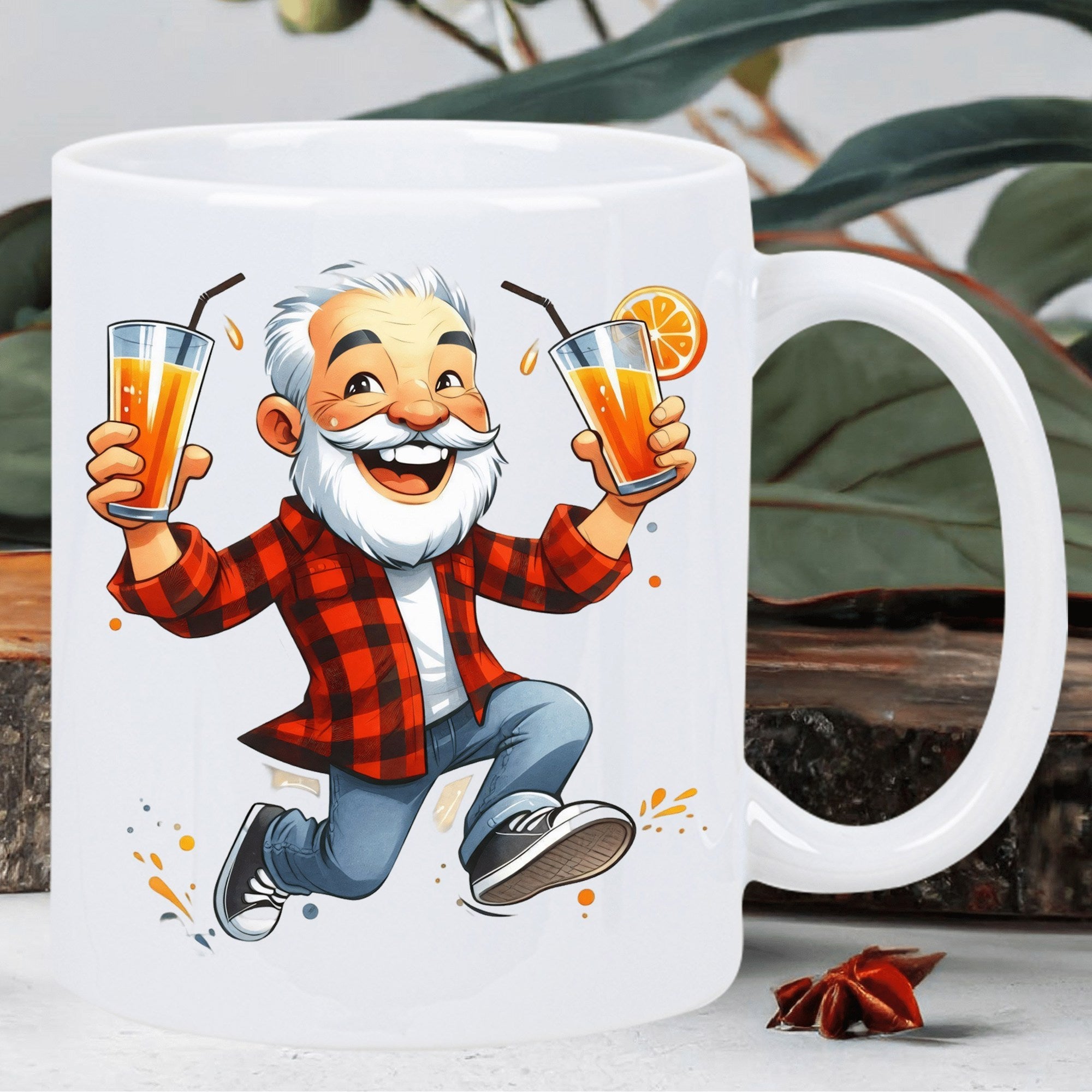 Tailorly White Ceramic 11 oz Mug - Cheerful Happy Elderly Person Holding Two Glasses Of Fresh Orange Juice Man