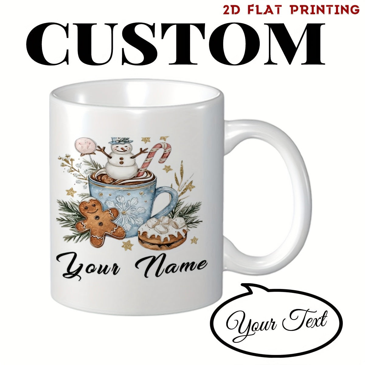 Tailorly White Ceramic 11 oz Mug - Custom Your Name Festive Winter Cocoa Cup With Gingerbread Man And Jolly Snowman