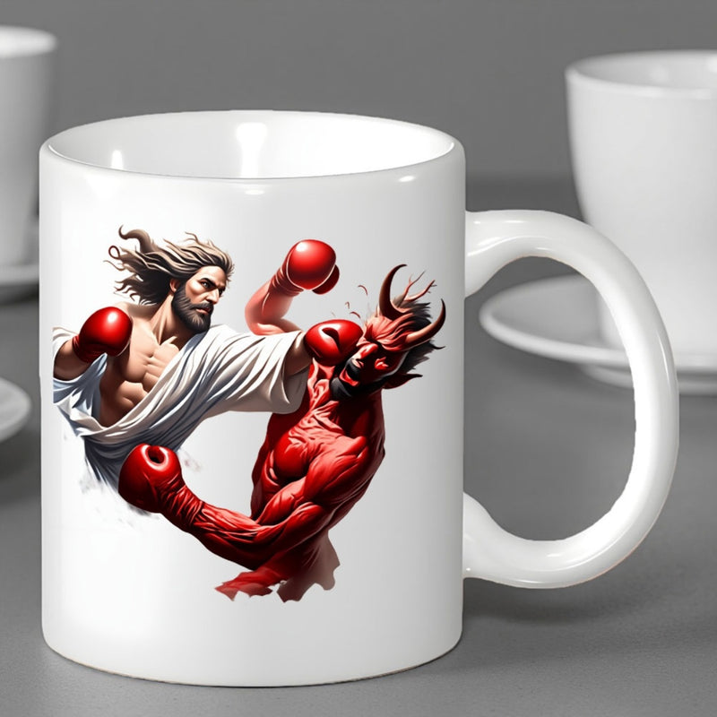 Tailorly White Ceramic 11 oz Mug - Divine Figure Boxing Against Red Horned Demon In Intense Showdown