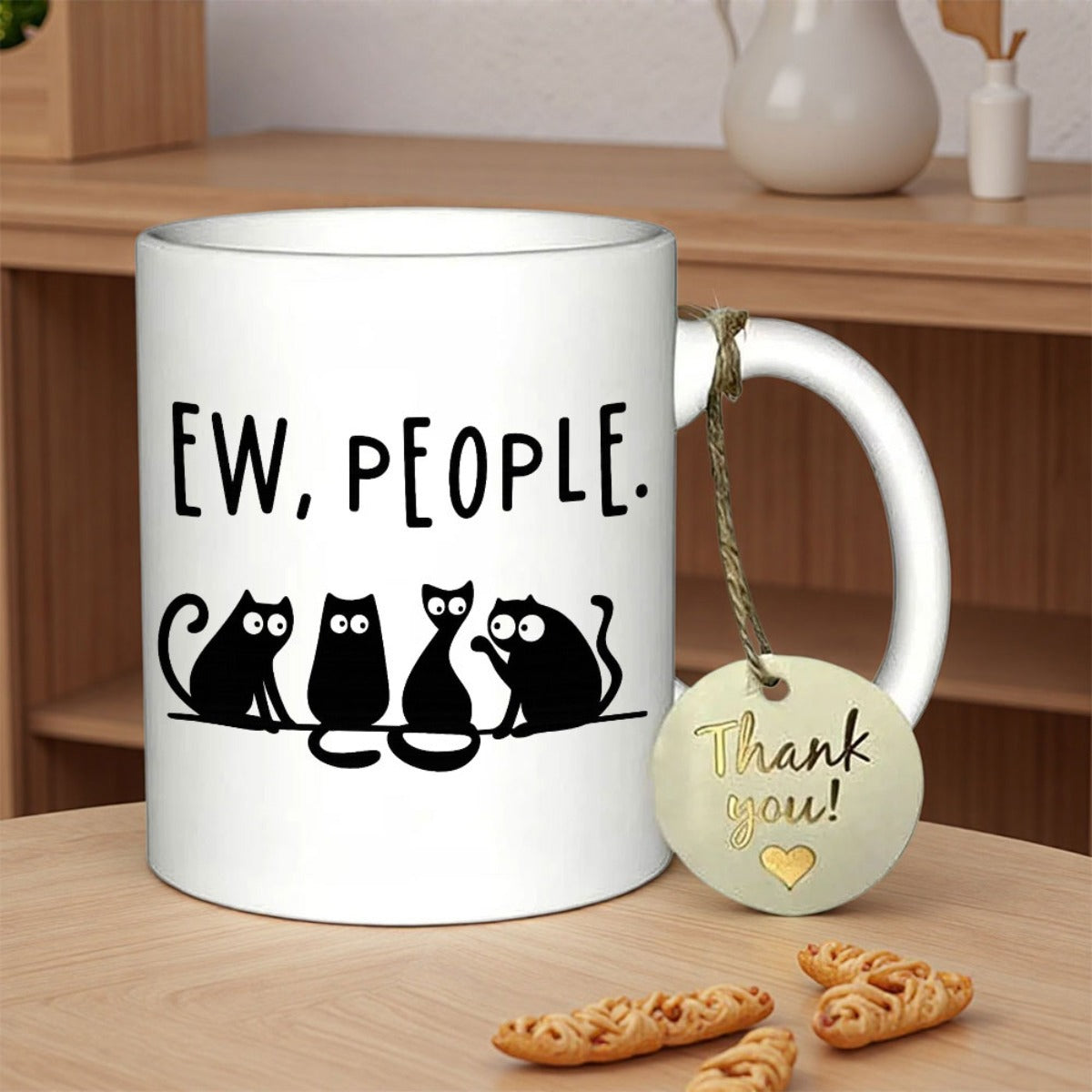 Tailorly White Ceramic 11 oz Mug - Ew People Four Minimalist Black Cartoon Felines Sitting Together On A Thin Wire Line Cat