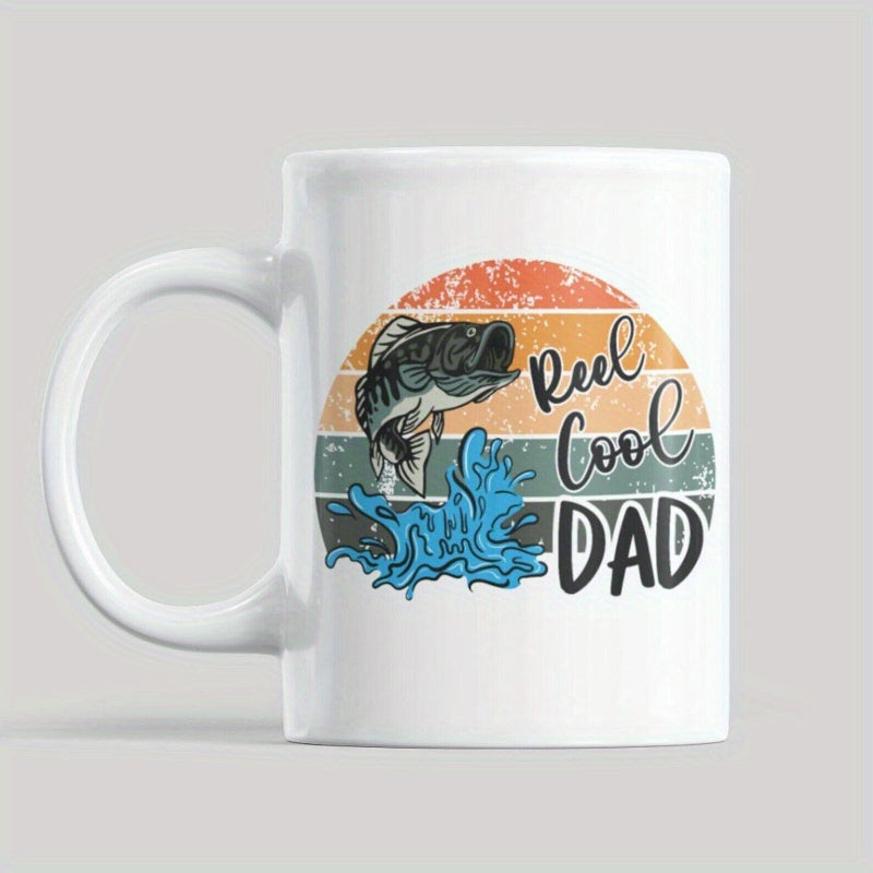 Tailorly White Ceramic 11 oz Mug - Reel Cool Dad Vintage Retro Sunset Background With Splash Water And Jumping Bass